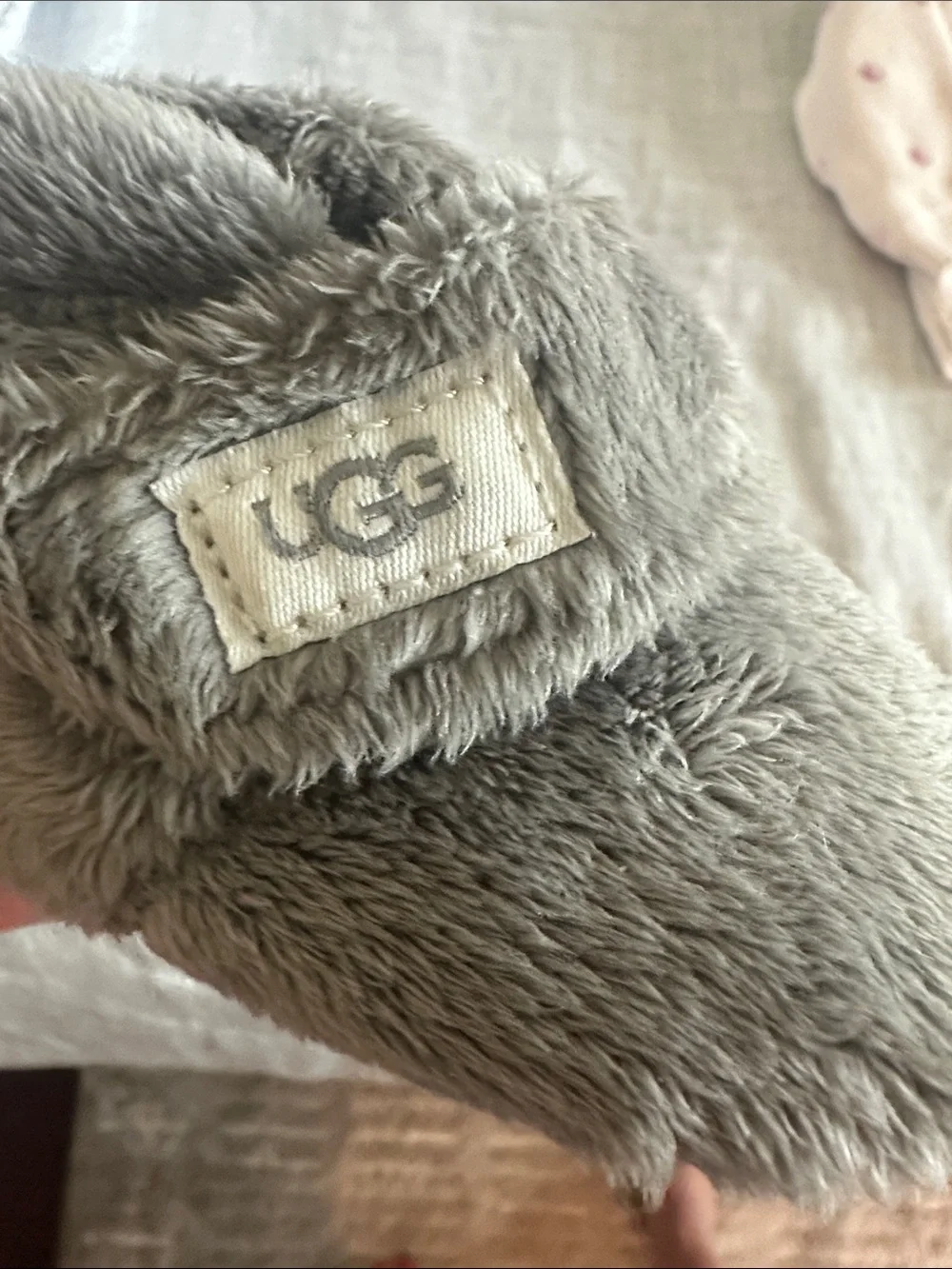 UGG Kids Grey Plush Strap Slippers